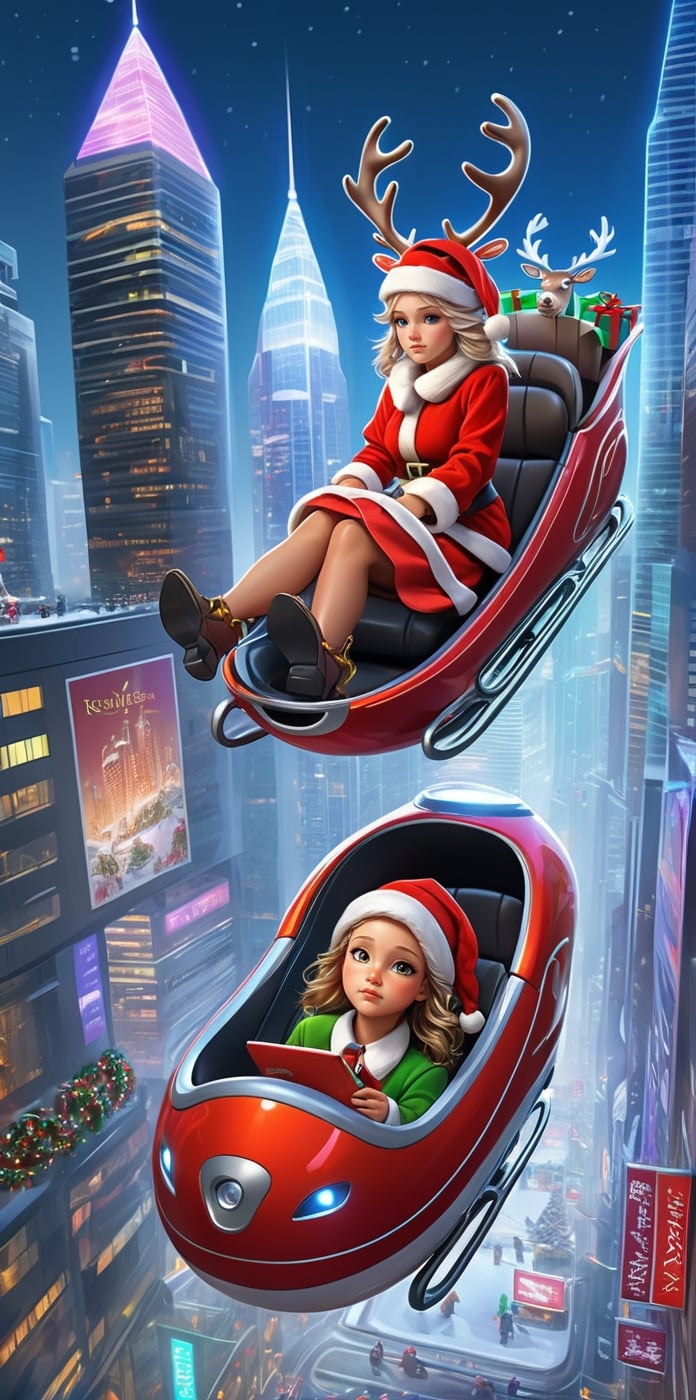 Santa girl flying through a futuristic cityscape where airborne cars zip around,Picture Santa in a technologically advanced sleigh, perhaps anti-gravity propelled, soaring amid skyscrapers adorned with holographic displays. Santa should be surrounded by a swirl of high-tech presents, navigating the futuristic city to deliver gifts. Incorporate a blend of advanced architecture, neon lights, and a sense of bustling innovation to capture the essence of a future city during the holiday season,reindeer_sleigh