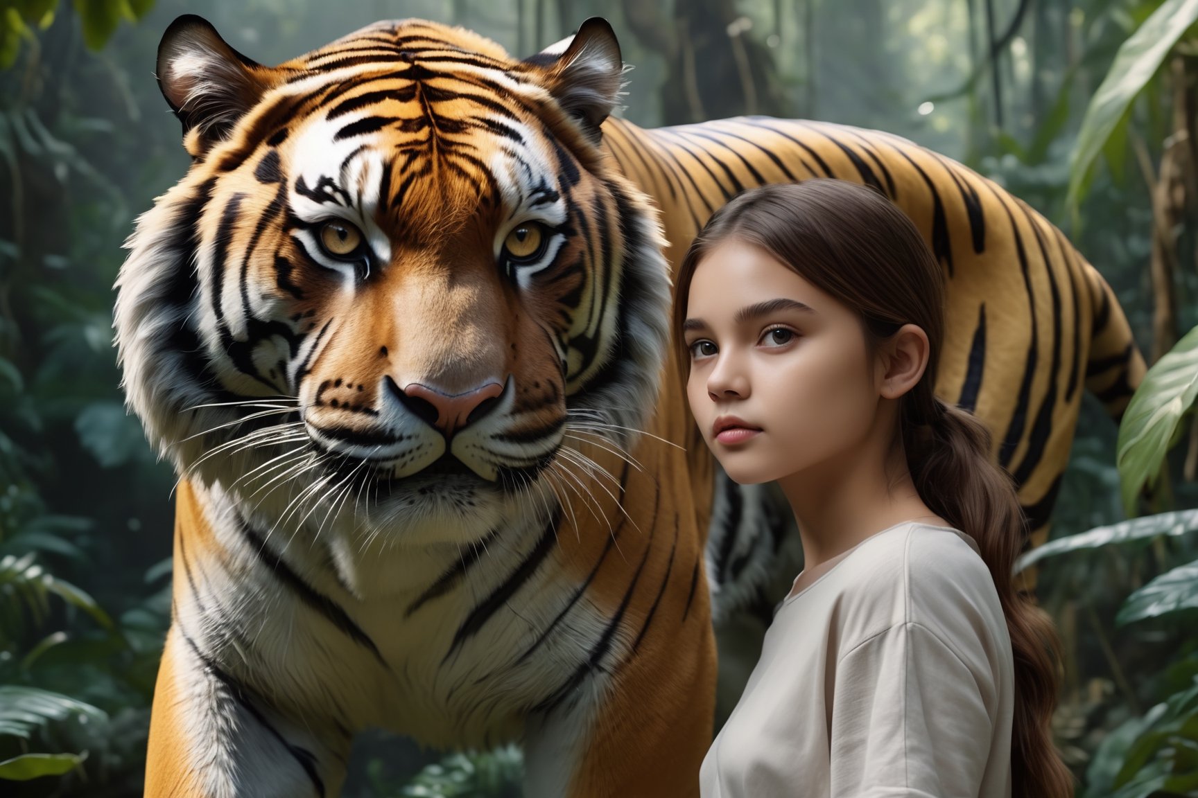 (masterpiece, 8k, raw, ultra realistic), 1 girl beauty,  girl next to a giant Tiger, beautiful detail jungle scene, magnificent, scenic, extremely detailed, Tiger, ,Tiger 