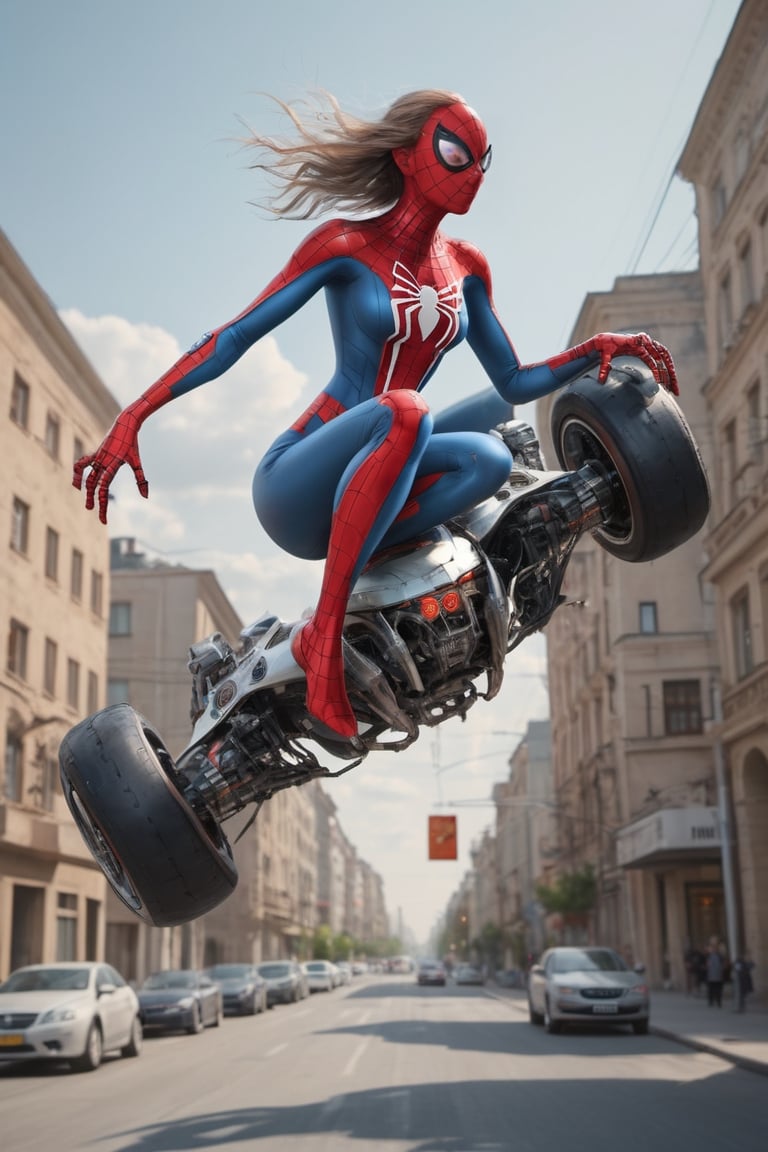 Masterpiece , realistic, high resolution, 1 russian lady,  beautiful, wear cyborg suit ,riding a spider speed car like spiderman..flying at street. 