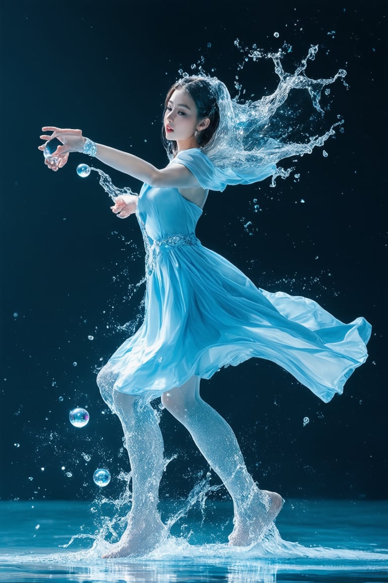 Full Body Shot, (Abstract Art),  (Soft light, soft glow), 1girl in, Silver long hair, Dark eyes, Perfect Skin, Perfect face, Wear Light-Blue Dress, Wet dress, Night, A sexy,  look at viewer, (A powerful water ball in her hand, water and thunder whirling around ball), tranquil atmosphere,liquids, Floating in the sea,Satisfied face, (Water heavy whirling around girl, around hands and body, splash)