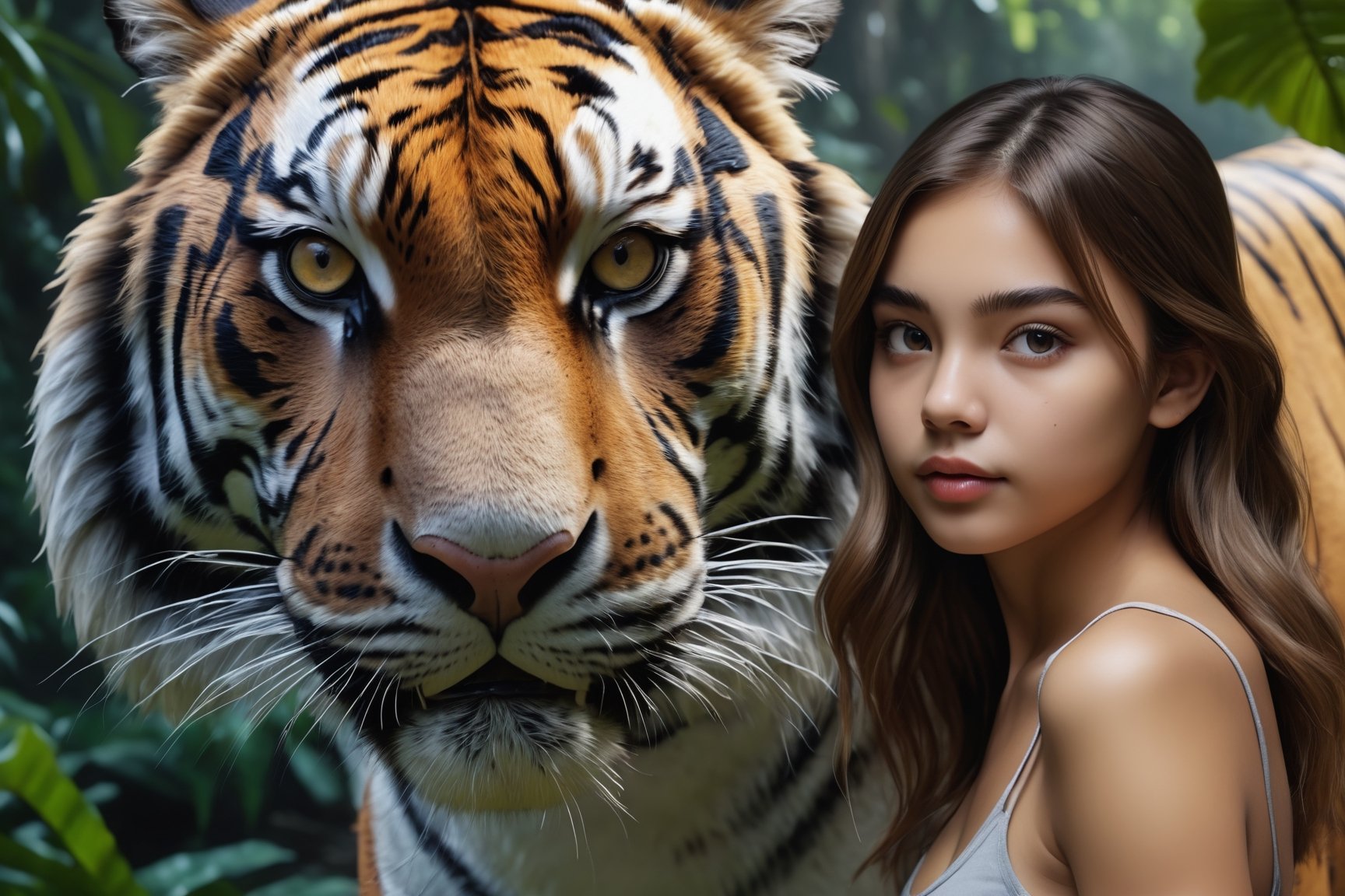 (masterpiece, 8k, raw, ultra realistic), 1 girl beauty,  girl next to a giant Tiger, beautiful detail jungle scene, magnificent, scenic, extremely detailed, Tiger, ,Tiger 