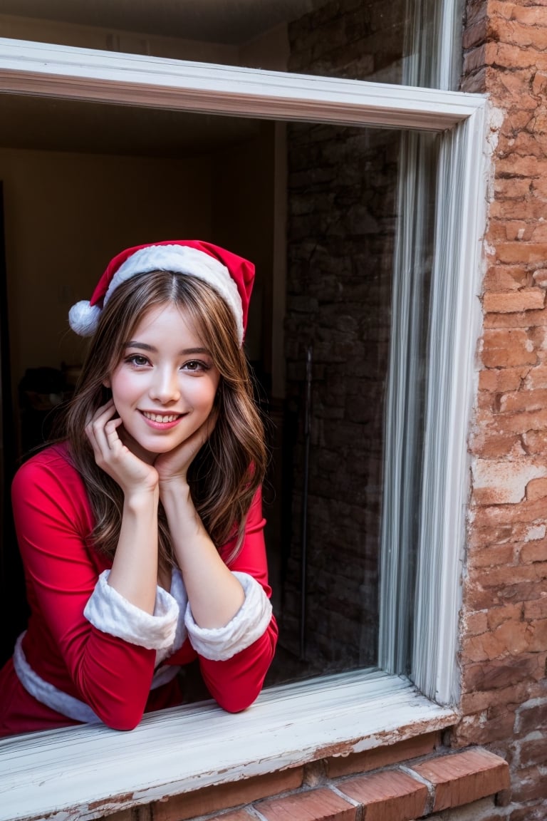 1girl, beautiful, girl wear santa costume,  girl for viewing from outside window, flowers in the window, brick wall, look at sunset, cute face, hands on chin pose, upper body, beautiful nature, smile face, romance_mood, Nelly,from outside window,Nelly,barbaradef