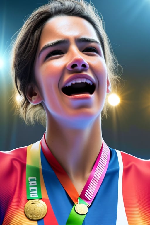 Masterpiece, watercolor style, woman being awarded a gold medal at the paris olympics,  3d cg rendering of the award ceremony, close-up of an athlete receiving the medal, A face expressing joy and pride, Dramatic studio lighting, intricate details of the medal and athlete's uniform, Vibrant colors, photoRealistic, masterpiece quality, (Highest quality, 8k, High resolution, masterpiece:1.2), Very detailed, Realistic, photo-Realistic:1.37, Dramatic lighting, emotional expression, Dynamic pose, gold medal, Olympic Medal Ceremony, athlete,