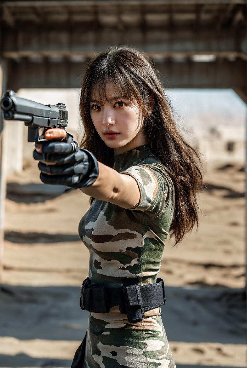 masterpiece, Best Quality, photorealistic, ultra-detailed, finely detailed, high resolution, 8K resolutions, raw photo, realism, perfect body, 1girl, solo, beautiful sexy super model, 23 years old, makeup, beautiful detailed face and eyes,  cinematic, wearing sexy camo soldier combat and armor, at desert military camp, soft light, half body, hold gun, aim, action pose,xuer pistol,