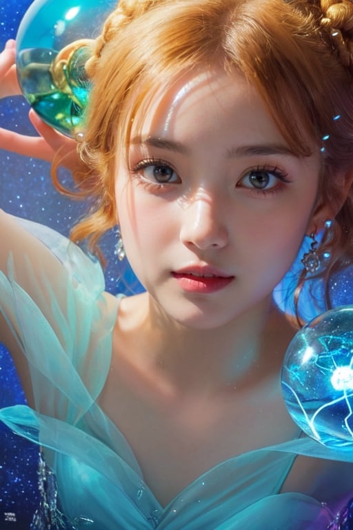 Masterpiece, realistic, two parts in one art ,  sci-fi,  best quality, hyperrealistic     complementary colors,  close up  cute girl , 17 yo,  transparent glass bioluminescent   beauty female creature with sparkling stars inside, holding big glass ball in hands, water drops  weapon,  gun,  fragility, dynamic, dynamic pose, detailed face,  cute flying ghosts, extremely big hypnotic eyes with spirals, RHADS, WLOP,  Craola , 2d, flat, cute, adorable, vintage, art on a cracked paper,  fairytale, storybook detailed illustration, cinematic, ultra highly detailed, tiny details, beautiful details, mystical, luminism, vibrant colors, complex background, Mysterious