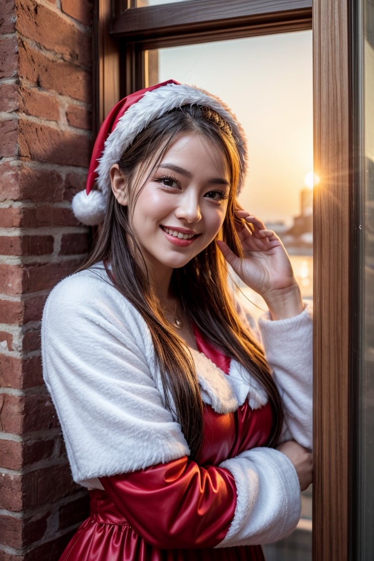 1girl, beautiful, girl wear santa costume,  girl for viewing from outside window, flowers in the window, brick wall, look at sunset, cute face, hands on chin pose, upper body, beautiful nature, smile face, romance_mood, Nelly,from outside window,Nelly,barbaradef