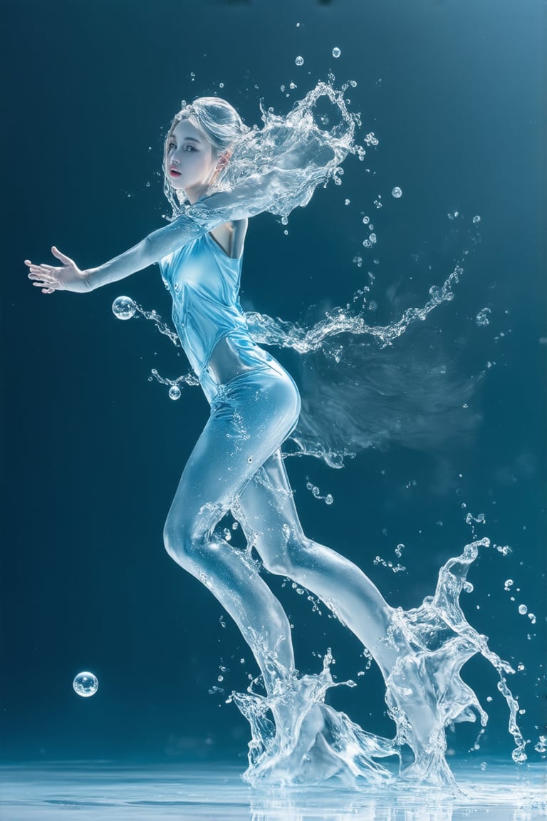 Full Body Shot, (Abstract Art),  (Soft light, soft glow), 1girl in, Silver long hair, Dark eyes, Perfect Skin, Perfect face, Wear Light-Blue Dress, Wet dress, Night, A sexy,  look at viewer, (A powerful water ball in her hand, water and thunder whirling around ball), tranquil atmosphere,liquids, Floating in the sea,Satisfied face, (Water heavy whirling around girl, around hands and body, splash)