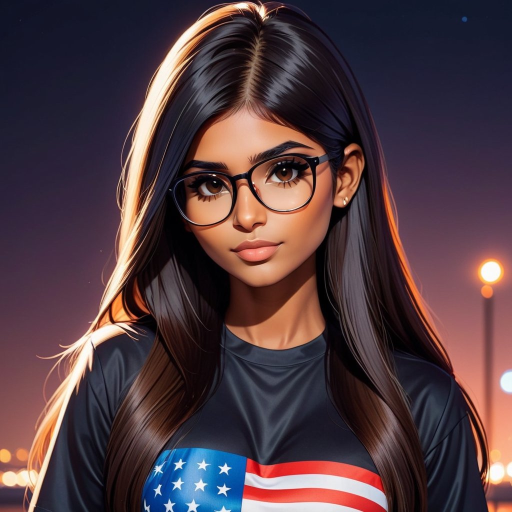 american comic style, 
 Ilya Kuvshinov style,
Mia Khalifa,

long straight hair, hair parted in the middle,


 dark skin, tanned skin, glowing skin,

