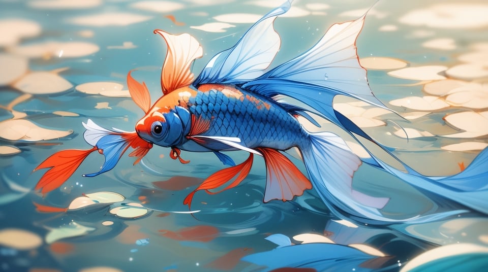 one single goldfish in a shadowy dark blue water, absolutely nothing else 