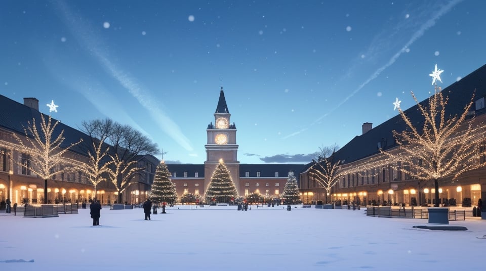 Light blue luminous sky of a Spacious town square, winter, Christmas decorations, empty in the middle, daytime