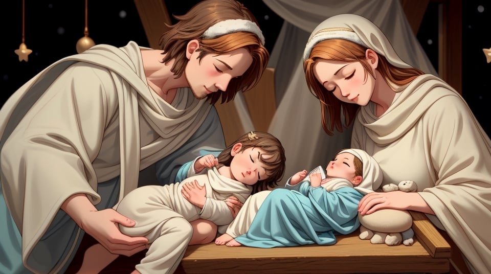 Imagine a serene scene at the humble manger, with baby Jesus lying peacefully, his eyes closed. Surrounding him are warm hues, gentle light, and a tranquil atmosphere, capturing the essence of the nativity scene. Cold winter