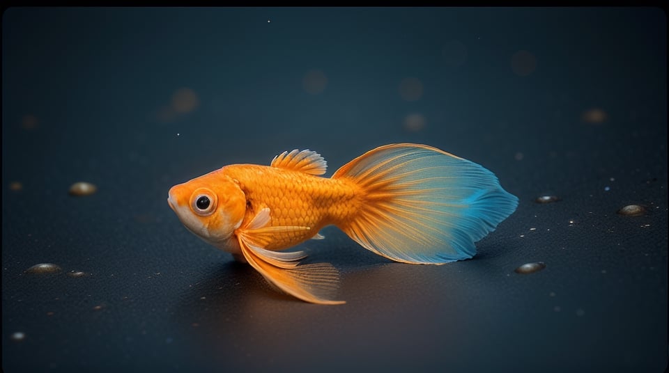 small slim single bright orange goldfish in the shadow dark blue, black sea