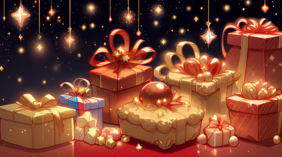 solid red, gold background backdrop, small Christmas bubbles, gifts, candies, sweets, garlands, stars, decorations at the edges, sumptuous, shiny, no things in the middle, vivid colours  