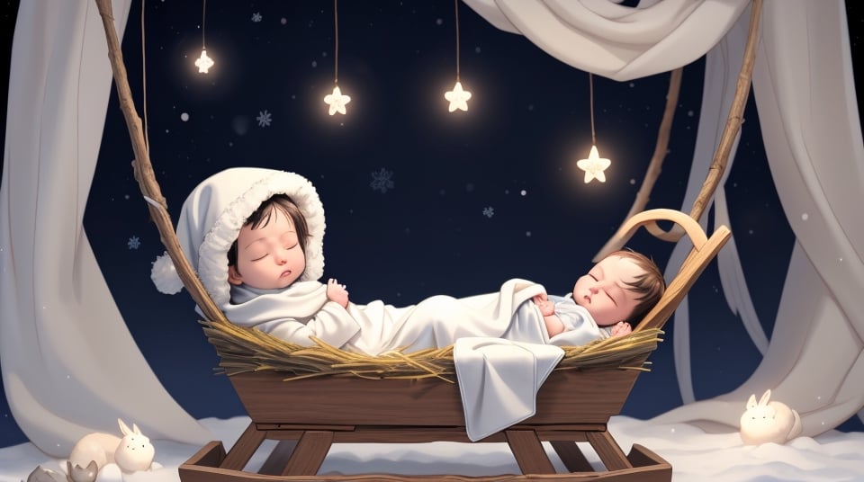 a scene of Jesus baby sleeping in a manger with just hay, wrapped in a blanket, his eyes closed, and a nimbus overhead. Set the backdrop to a serene winter night, capturing the simplicity and tranquility of the moment.