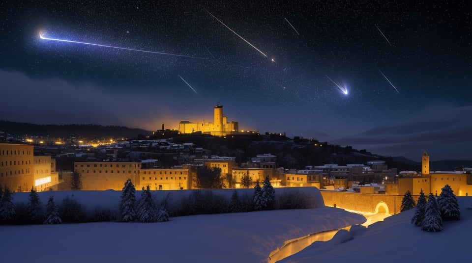 only one big Comet or shooting star, night sky, old Bethlehem, winter