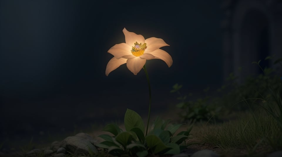 misterios glowing flower in the darkness, 4D, 8k, opaque everything else