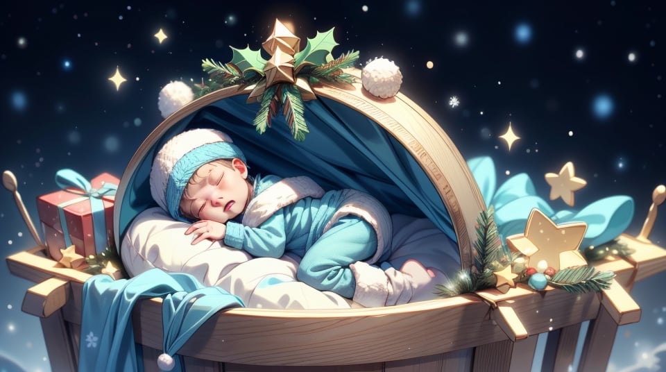 little newborn baby boy sleeping in a small manger, winter. Christmas decorations aside