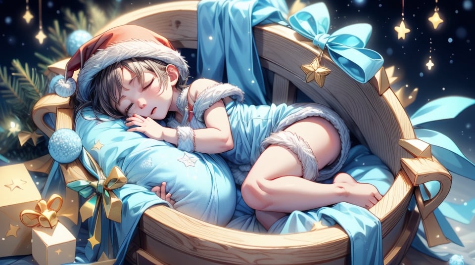 little newborn baby boy sleeping in a small manger, winter. Christmas decorations aside