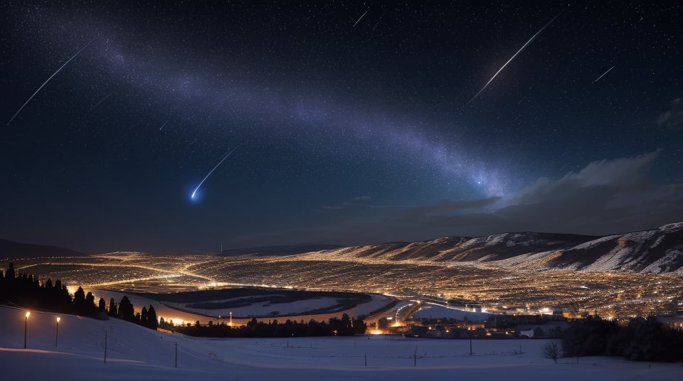 One single Comet, night sky, old ancient Bethlehem, winter