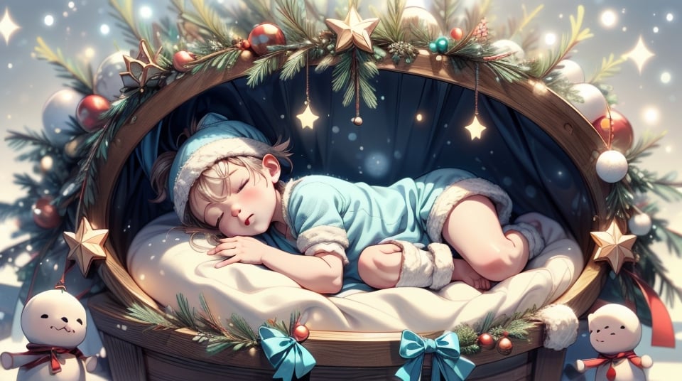 little newborn baby boy sleeping in a small manger, winter. Christmas decorations aside