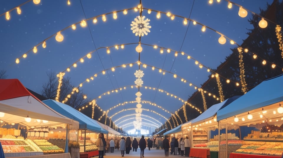 spacious and big light blue luminous sky, winter, focus on sky, Christmas decorations and small markets, empty in the middle, daytime