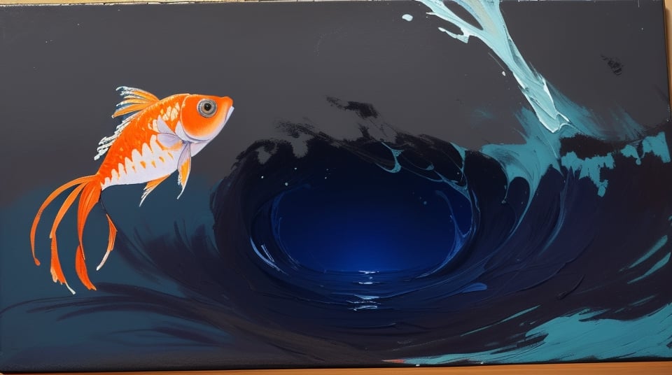 the deep of a dark blue or black sea in night with a one single bright slim small goldfish in the left of the paiting, art paiting, oil painting, pastel