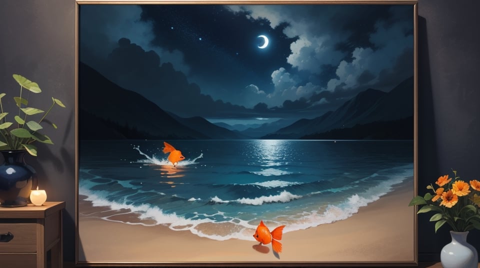 the deep of a dark blue or black sea in night with one single slim small shining goldfish, art paiting, oil painting, pastel, small black eye