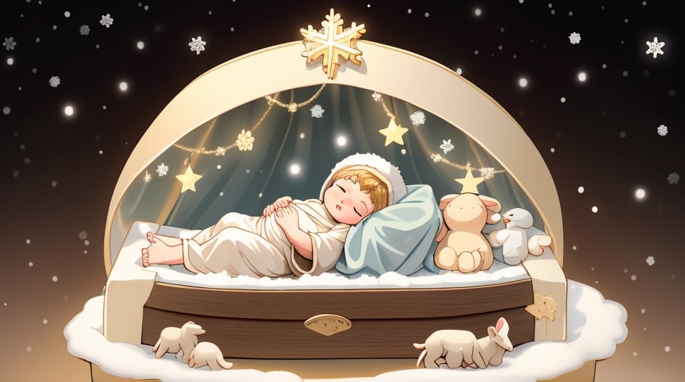 Imagine a serene scene at the humble manger, with baby Jesus lying peacefully, his eyes closed. Surrounding him are warm hues, gentle light, and a tranquil atmosphere, capturing the essence of the nativity scene. Cold winter