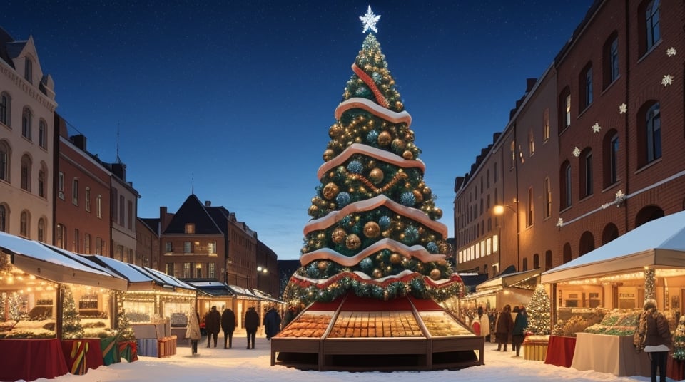 Light blue luminous sky of a Spacious small town square, winter, Christmas decorations and markets, empty in the middle, daytime, one single Christmas tree