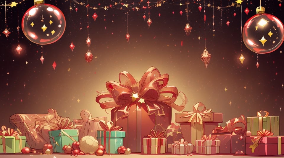 solid red, gold background backdrop, Christmas bubbles, gifts, candies, sweets, garlands, stars, decorations at the edges, sumptuous, shiny, no things in the middle