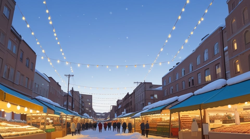 spacious and big light blue luminous sky, winter, focus on sky, Christmas decorations and small markets, empty in the middle, daytime, no houses