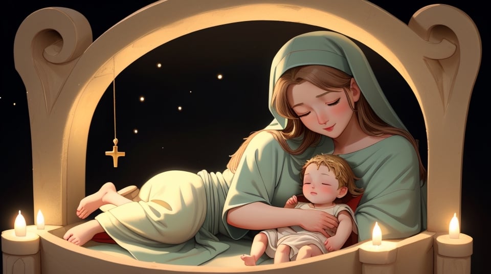 Imagine a serene scene at the manger, with baby Jesus lying peacefully, his eyes closed. Surrounding him are warm hues, gentle light, and a tranquil atmosphere, capturing the essence of the nativity scene.