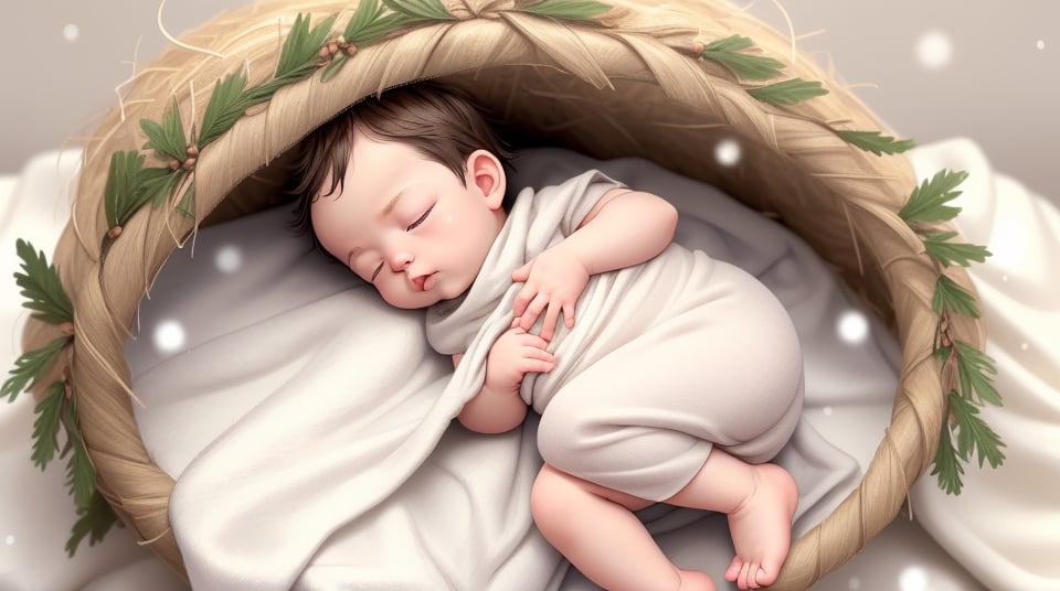 Baby boy eye closed, humble small blanket, sleeping in a manger made of hay. Winter.