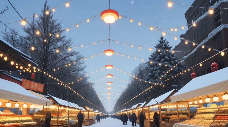 spacious and big light blue luminous sky, winter with some Christmas decorations and small markets, empty in the middle, daytime