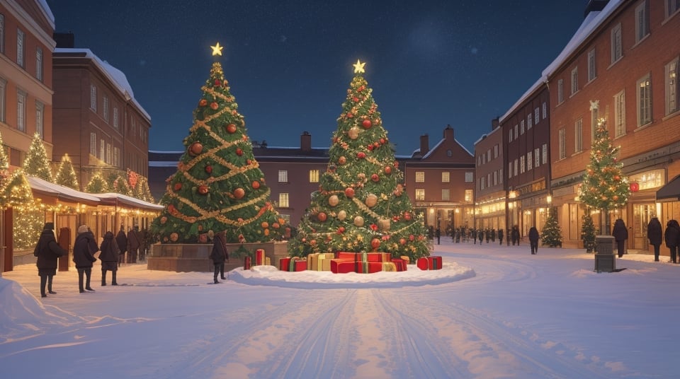 Spacious town square, winter, Christmas decorations 