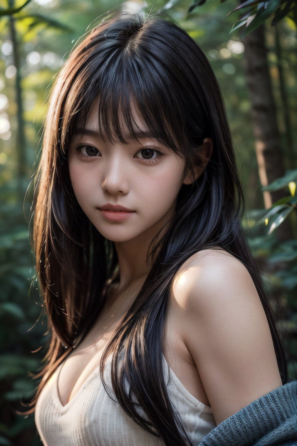 (((deep in the woods))),((looks at viewer)),(((Only the face enters the camera))), (Focus on the face),
人物：a korean girl,Pure and lovely korean girl,(low-cut),
優化：(((Realistic and delicate high-resolution structure: 1.4, Realistic and delicate high-quality structure: 1.4))),(well-proportioned and beautifully proportioned body structure),
頭髮：(((long hair))),(bangs),