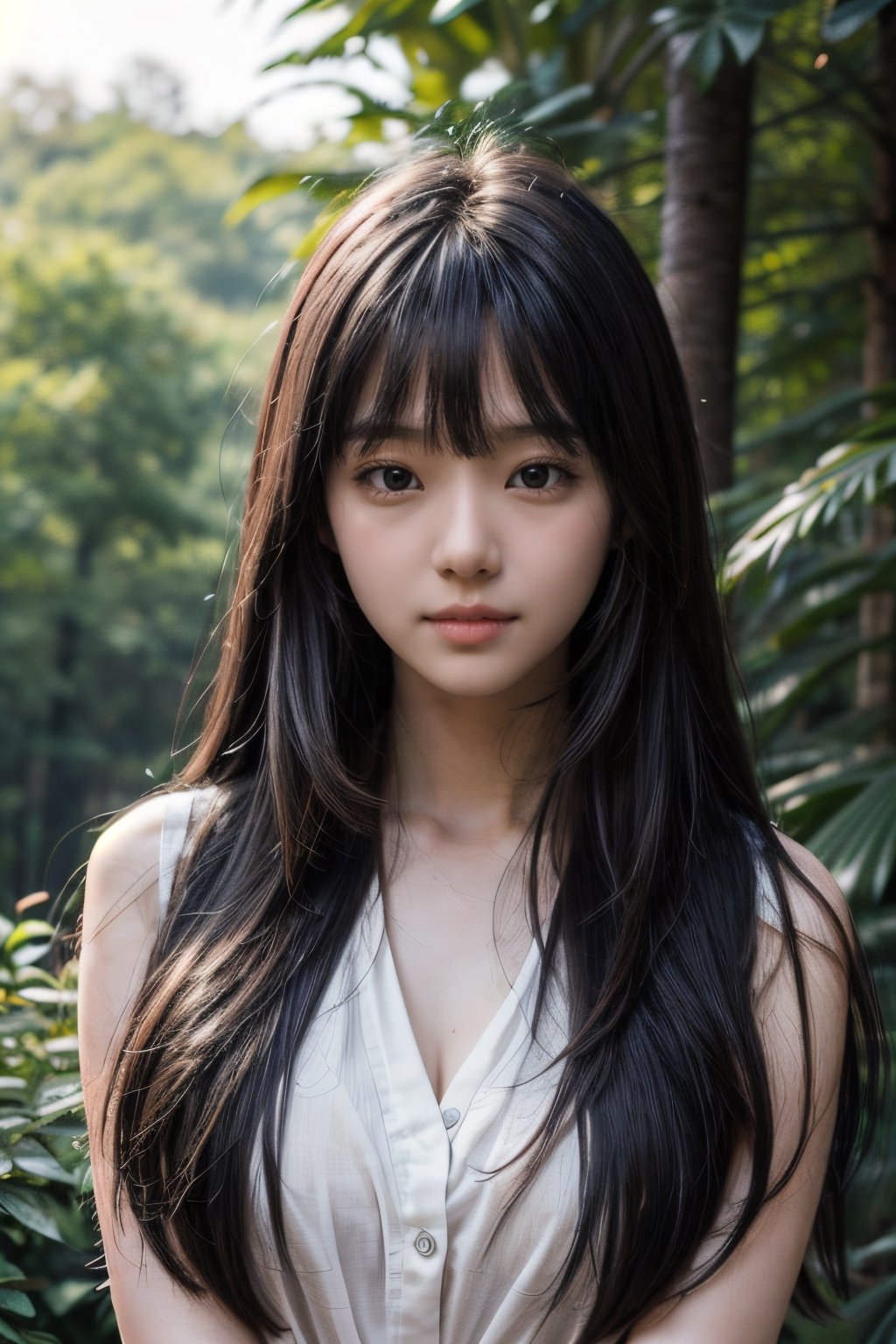 (((deep in the woods))),((looks at viewer)),(((Only the face enters the camera))), (Focus on the face),
人物：a korean girl,Pure and lovely korean girl,(low-cut),
優化：(((Realistic and delicate high-resolution structure: 1.4, Realistic and delicate high-quality structure: 1.4))),(well-proportioned and beautifully proportioned body structure),
頭髮：(((long hair))),(bangs),