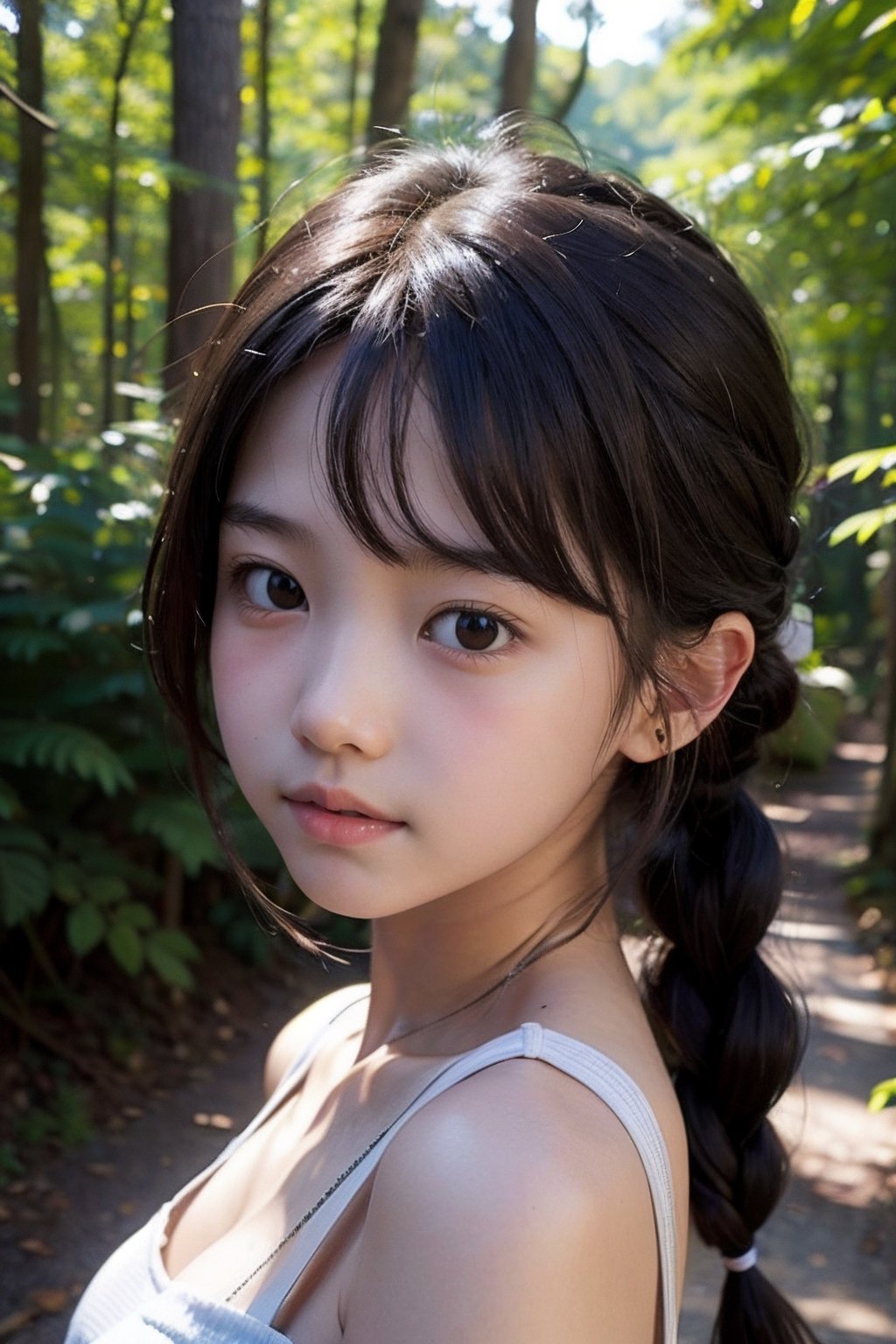 (((deep in the woods))),(looking at the audience),(close to the camera, close to the audience),face close-up,
人物：(a little girl:1.3),(Korean Idol Lim Yoona),
身體：(childish body),
優化：(((16K texture structure))),Exquisite oval face,Delicate and smooth skin,
頭髮：(bangs),((braid)),