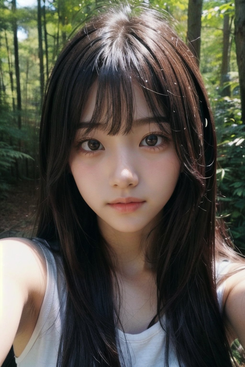 (((deep in the woods))),((looks at viewer)),(((Only the face enters the camera))), (Focus on the face),
人物：a korean girl,Pure and lovely korean girl,(low-cut),
優化：(((Realistic and delicate high-resolution structure: 1.4, Realistic and delicate high-quality structure: 1.4))),(well-proportioned and beautifully proportioned body structure),
頭髮：(((long hair))),(bangs),