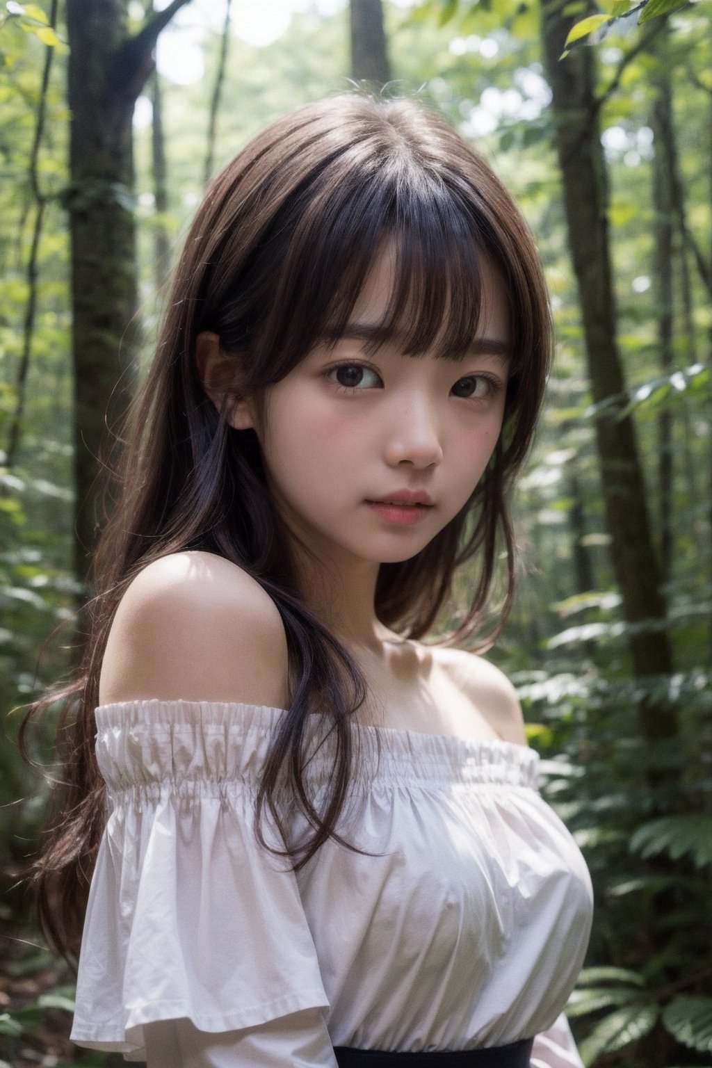 (((Deep in the woods))),
masterpiece, 8k, ((from front)), portrait, upper body, cute, detailed face, beautiful detailed eyes, girl, loli, happy, mad, red lips, bangs, very long hair, strong eyebrows, bare shoulders, (blush), (embarrassed),
服：(red off-shoulder shirt), 