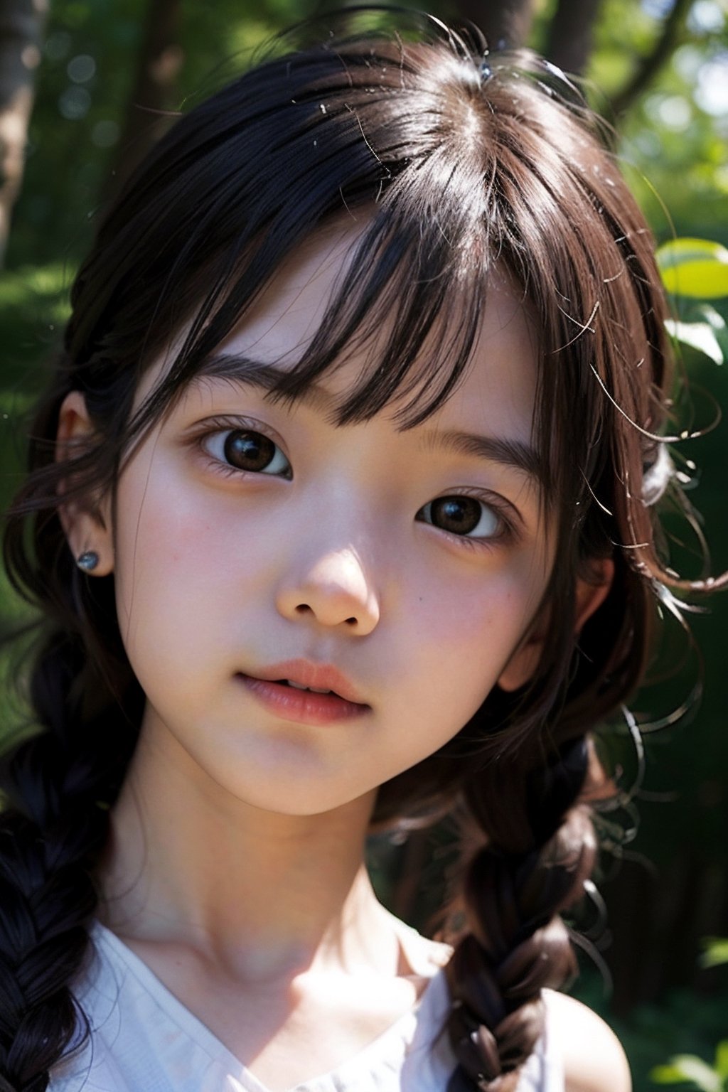 (((deep in the woods))),(looking at the audience),(close to the camera, close to the audience),face close-up,
人物：(a little girl:1.3),(Korean Idol Lim Yoona),
身體：childish breasts,(childish body),
優化：(((16K texture structure))),Exquisite oval face,Delicate and smooth skin,
頭髮：(bangs),((braid)),