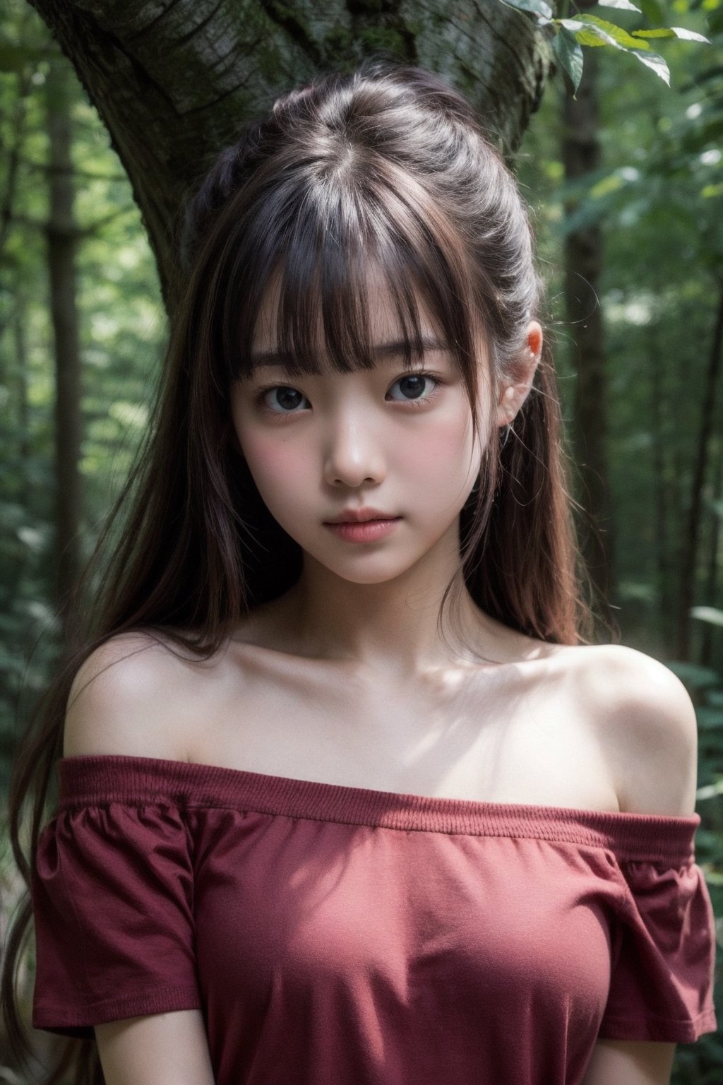 (((Deep in the woods))),
masterpiece, 8k, ((from front)), portrait, upper body, cute, detailed face, beautiful detailed eyes, girl, loli, happy, mad, red lips, bangs, very long hair, strong eyebrows, bare shoulders, (red off-shoulder shirt), (blush), (embarrassed)