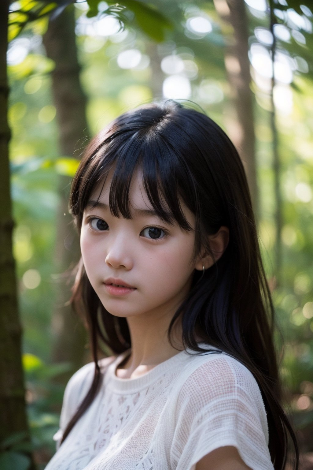 (((deep in the woods))),(looking at the audience),((only the face enters the shot)),
人：1 korean young girl,(young girl of elementary school age),Pure and restrained young girl,A young girl of primary school age,(a very beautiful and innocent young girl),
優：High resolution, realistic and delicate high texture,(((Professional photography techniques))),(warm realistic tones),(warm and realistic texture tones),(warm and realistic delicate skin texture),(Professional realistic and delicate texture),(warm realistic light and shadow),
體：little girl’s body,
髮：(bangs),long hair,