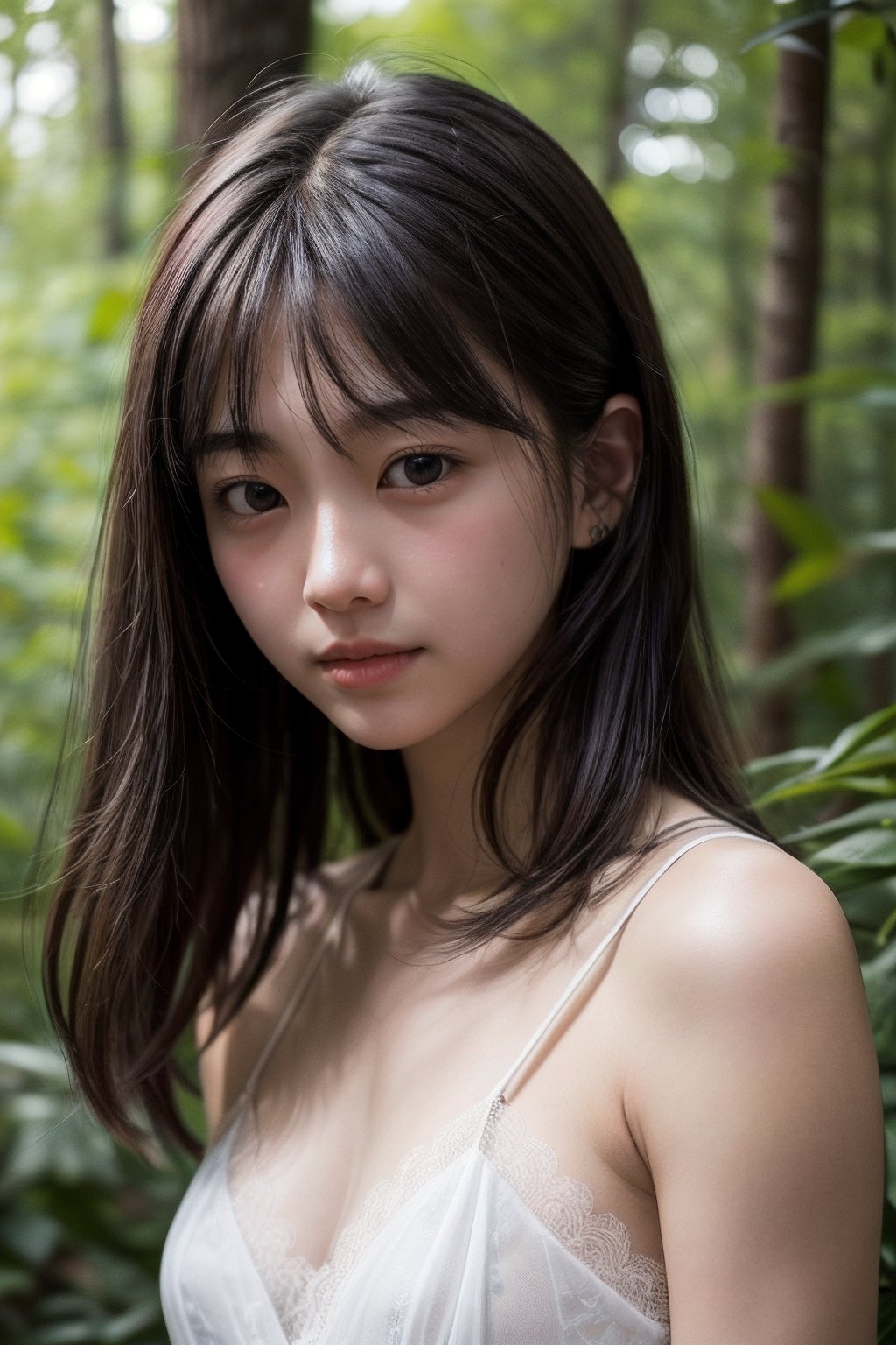 (((deep in the woods))),((looks at viewer)),(((Only the face enters the camera))), (Focus on the face),
人物：a korean girl,Pure and lovely korean girl,small breasts,
優化：(((Realistic and delicate high-resolution structure: 1.4, Realistic and delicate high-quality structure: 1.4))),Photo taken with Canon EOS 5D Mark4 and SIGMA Art Lens 35mm F1.4 DG HSM, F1.4, ISO 200 Shutter Speed 2000,(Masterpiece, high quality, meticulous and delicate),
頭髮：(bangs),((medium length hair)),
服飾：(((Spaghetti strap sleeveless low-cut sheer dress with lace pattern))),