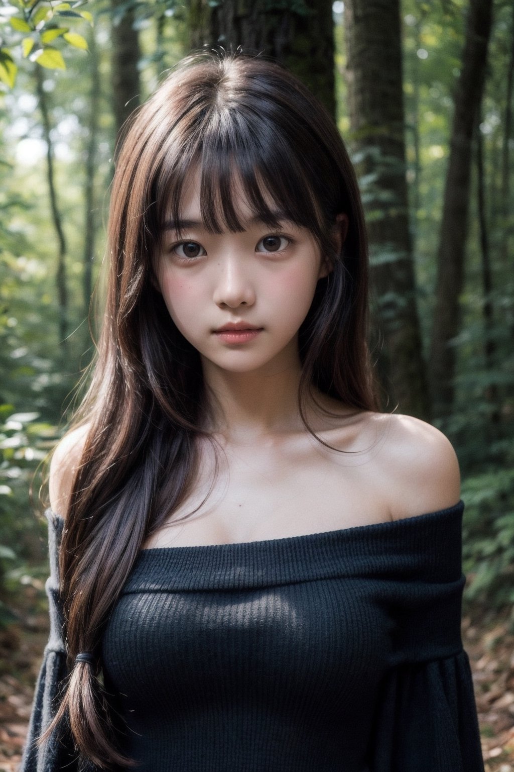 (((Deep in the woods))),
masterpiece, 8k, ((from front)), portrait, upper body, cute, detailed face, beautiful detailed eyes, girl, loli, happy, mad, red lips, bangs, very long hair, strong eyebrows, bare shoulders, (red off-shoulder shirt), (blush), (embarrassed)