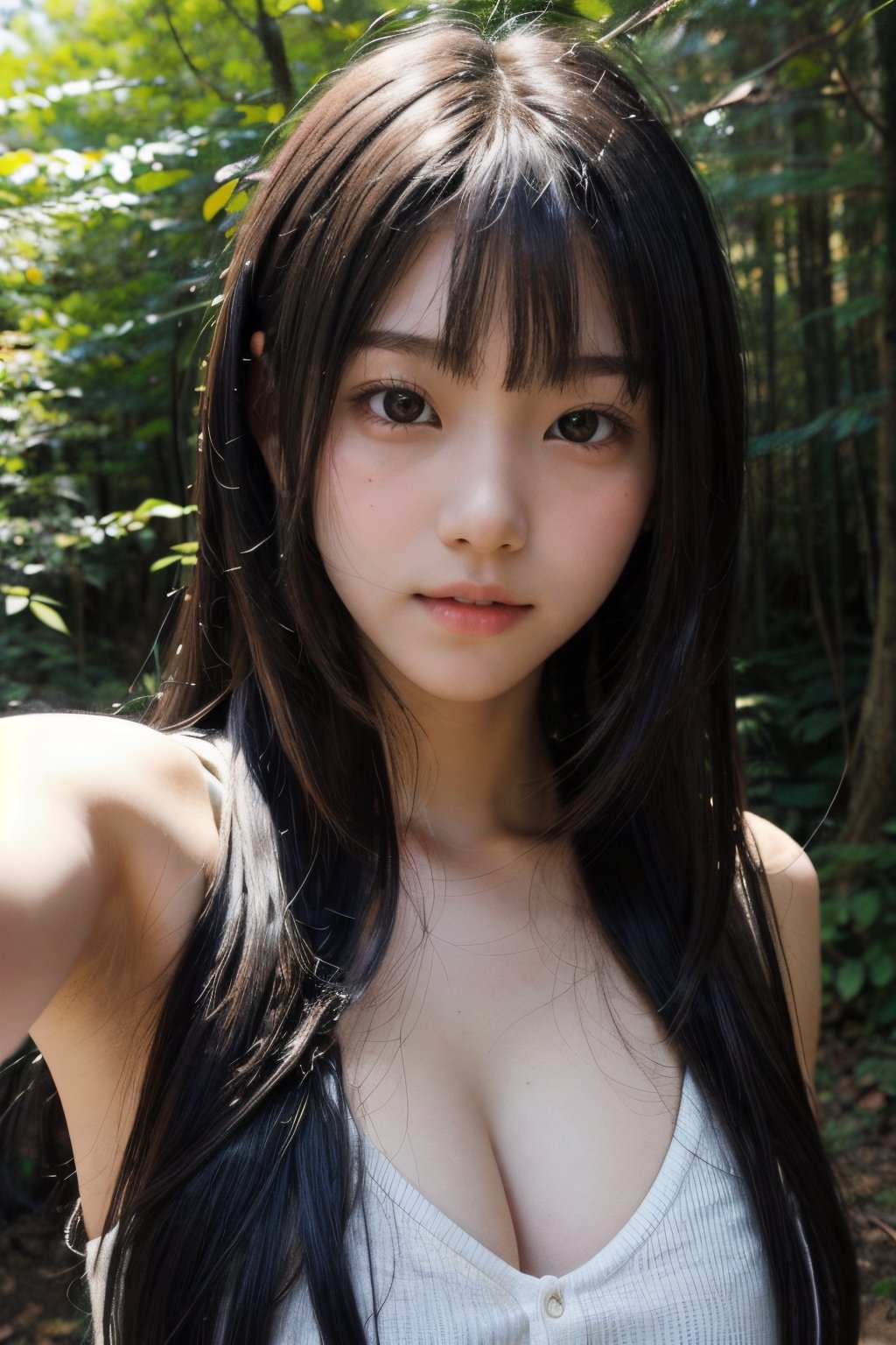 (((deep in the woods))),((looks at viewer)),(((Only the face enters the camera))), (focus on chest),
人物：a korean girl,Pure and lovely korean girl,(low-cut),
優化：(((Realistic and delicate high-resolution structure: 1.4, Realistic and delicate high-quality structure: 1.4))),(well-proportioned and beautifully proportioned body structure),
頭髮：(((long hair))),(bangs),