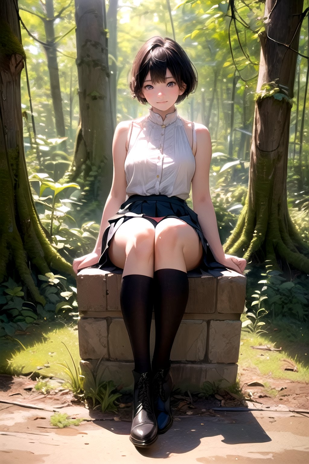 (((deep in the woods))),((looks at viewer)),(sexy sitting),(focus on the face),(((full body into the camera))),
人物：a korean girl,Pure and lovely korean girl,
優化：(((Realistic and delicate high-resolution structure: 1.4, Realistic and delicate high-quality structure: 1.4))),(Well-proportioned and perfect body proportion structure),(((image structure of real human texture))),
特質：low cut,(perfectly proportioned body proportions),
頭髮：(((Super short handsome short hair for girls: 1.5))),(bangs),
Sleeveless spaghetti strap vest, red mini pleated skirt,black boots,