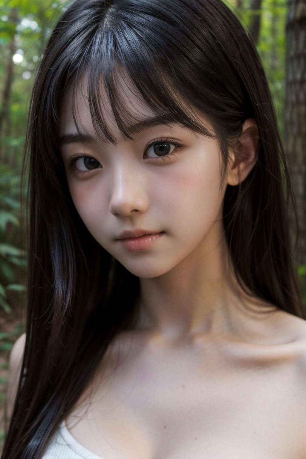 (((deep in the woods))),((looks at viewer)),(((Only the face enters the camera))), (focus on chest),
人物：a korean girl,Pure and lovely korean girl,(low-cut),
優化：(((Realistic and delicate high-resolution structure: 1.4, Realistic and delicate high-quality structure: 1.4))),(well-proportioned and beautifully proportioned body structure),
頭髮：(((long hair))),(bangs),