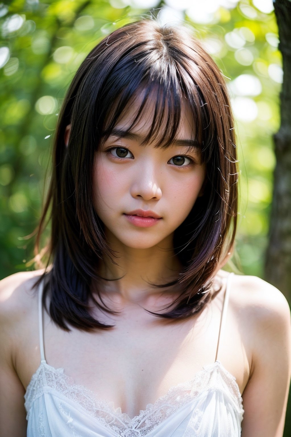 (((deep in the woods))),((looks at viewer)),(((Only the face enters the camera))), (Focus on the face),
人物：a korean girl,Pure and lovely korean girl,small breasts,
優化：(((Realistic and delicate high-resolution structure: 1.4, Realistic and delicate high-quality structure: 1.4))),Photo taken with Canon EOS 5D Mark4 and SIGMA Art Lens 35mm F1.4 DG HSM, F1.4, ISO 200 Shutter Speed 2000,(Masterpiece, high quality, meticulous and delicate),
頭髮：(bangs),((medium length hair)),
服飾：(((Spaghetti strap sleeveless low-cut sheer dress with lace pattern))),