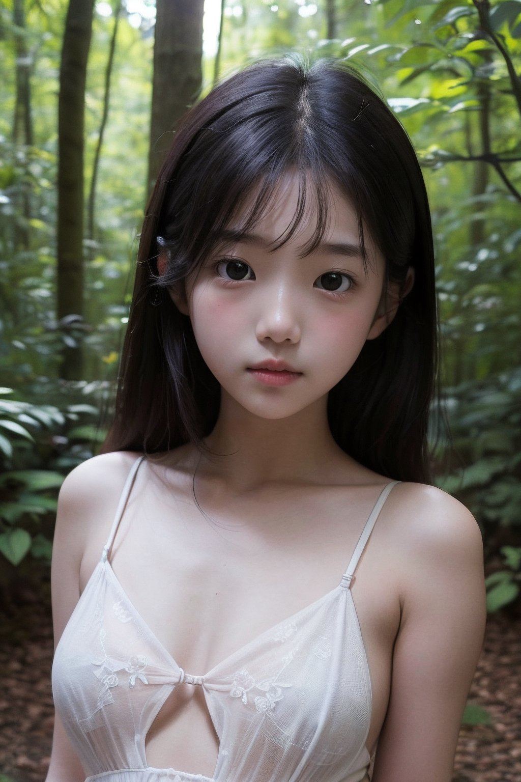 (((deep in the woods))),(looking at the audience),(focus on face),
人：(((a korean little girl:1.3))),(Korean actress Lim Yoona),Pure and restrained little girl,(((little girl of elementary school age))),(low cut),((childish breasts)),
優：(((16K texture structure))),
髮：(bangs),